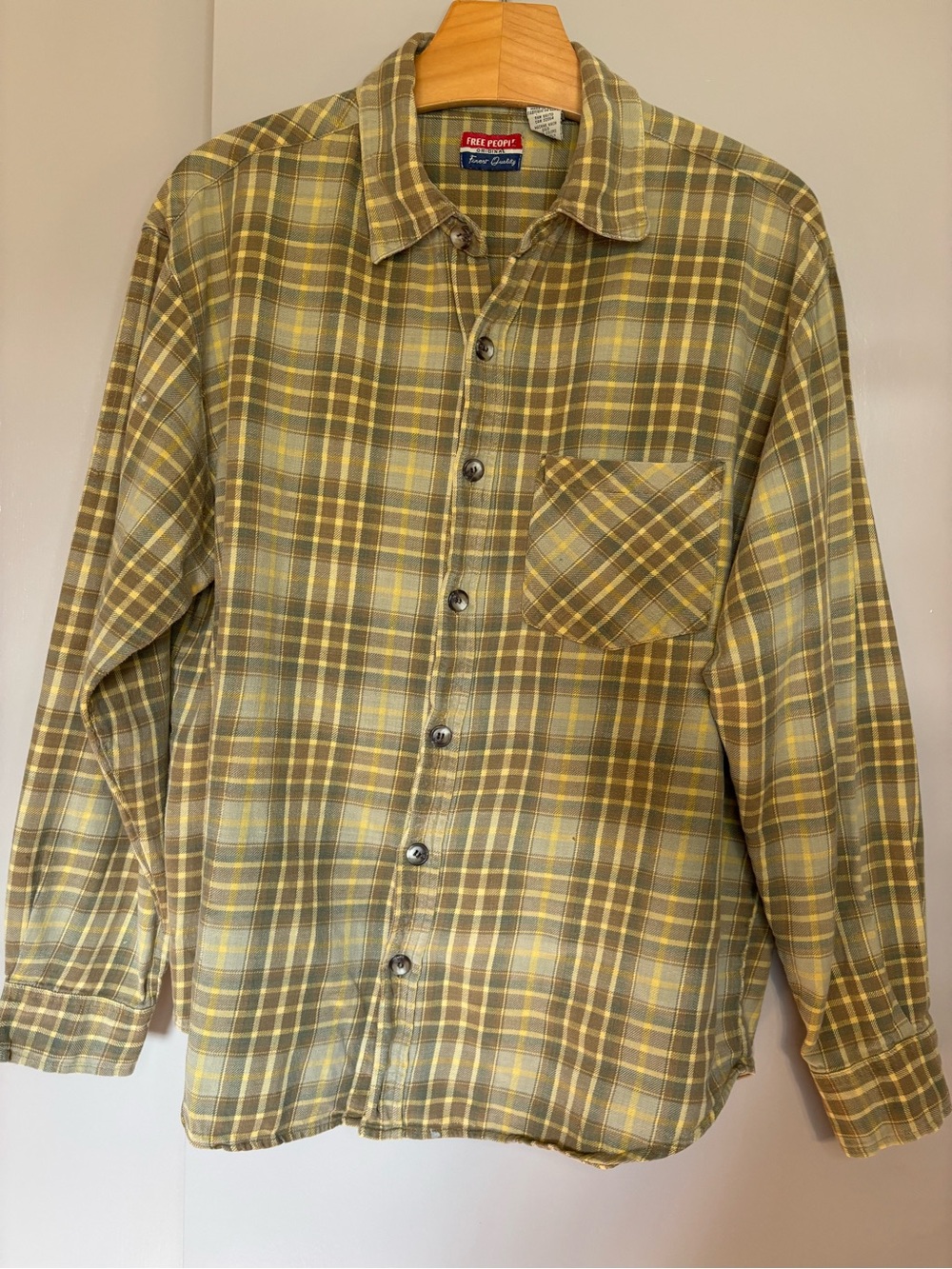 VINTAGE 1990’s Free People Plaid Button-Down Shirt in Olive & Yellow size L